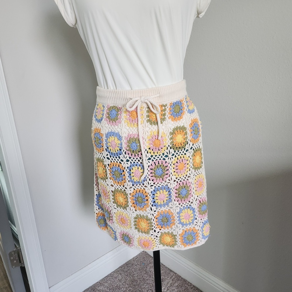 Ghanda Crochet Skirt Womens Large Multicolor Boho Granny Square Drawstring